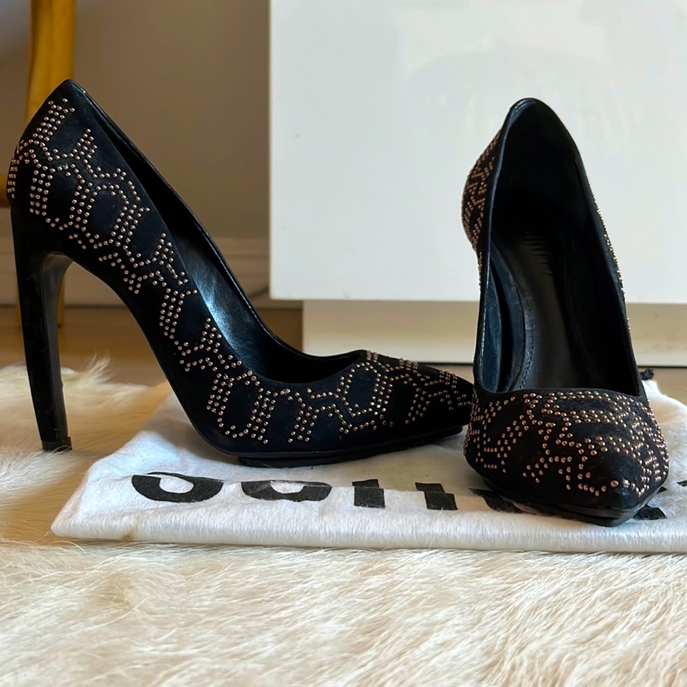 Schutz Suede Heels with Rose Gold Metal Geo Pattern